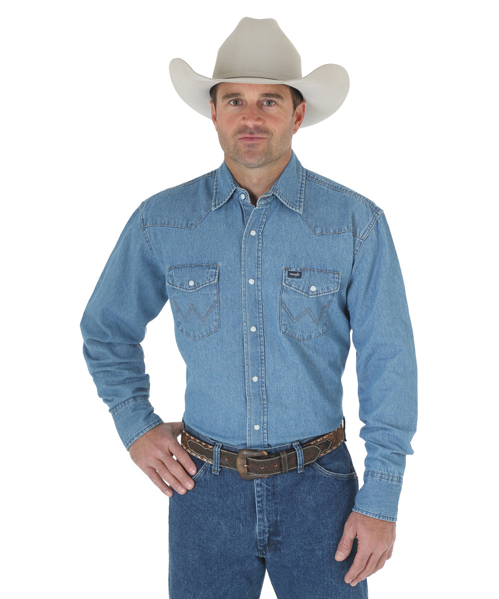 wrangler western dress shirts Men's Dark Denim Solid Long Sleeve Snap Shirt live western and look western with out tough Wrangler Women's Retro Western Dress